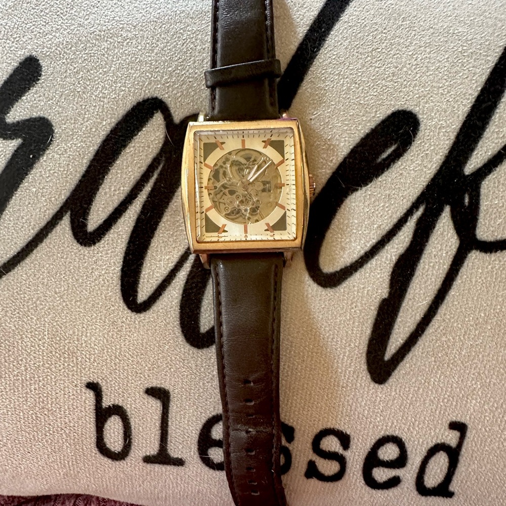 Gold Skeleton Watch with Brown Leather Strap